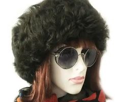 Russian, Mongolian Winter Hat For Women, Handmade, 100% Wool, Real Fur, Leather Dark Green