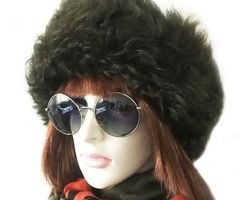 Russian, Mongolian Winter Hat For Women, Handmade, 100% Wool, Real Fur, Leather Dark Green