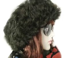 Russian, Mongolian Winter Hat For Women, Handmade, 100% Wool, Real Fur, Leather Dark Green