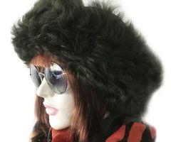 Russian, Mongolian Winter Hat For Women, Handmade, 100% Wool, Real Fur, Leather Dark Green