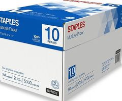 Staples Multiuse Copy Paper, 8.5" x 11", 20 lbs., 94 Brightness, 500 Sheets/Ream, 10 Reams/Carton (2